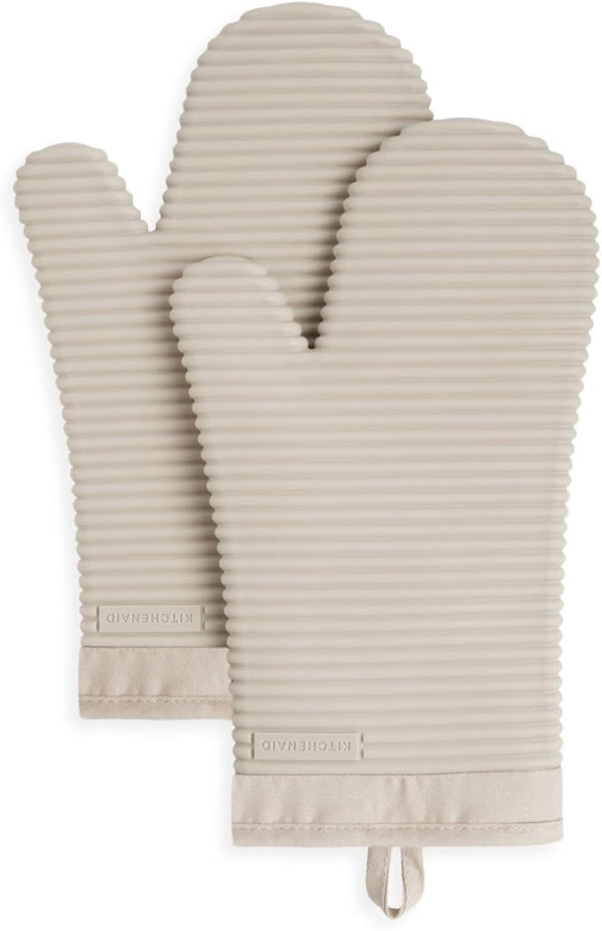 KITCHENAID Ribbed Soft Silicone Oven Mitt 2-Pack Set, 7.5"x13", Milkshake